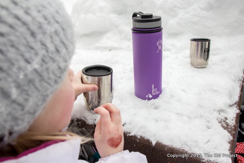 Using a hydroflask to keep hot chocolate warm, snowshoeing