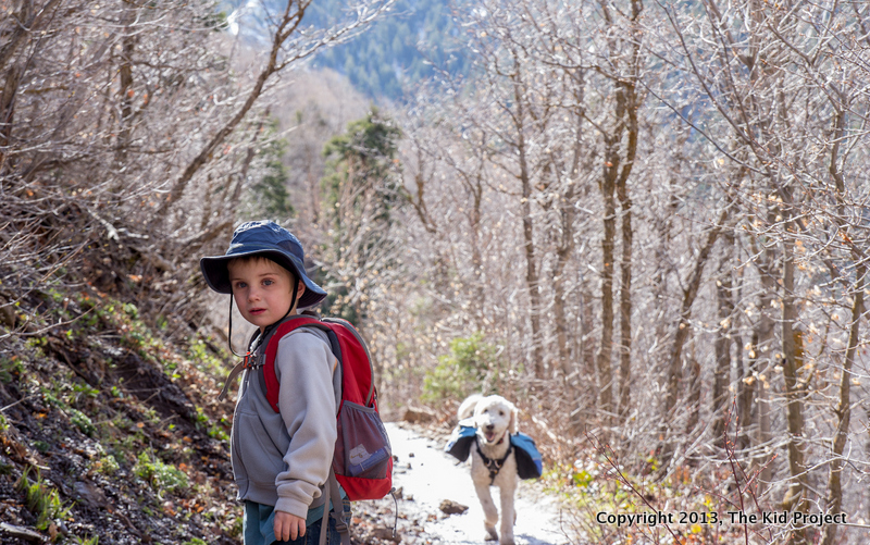 Boy and Dog hiking, Pipeline Trail, Millcreek