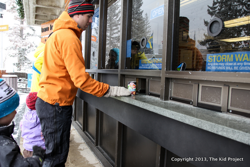 trading a can of foor for tram ride at Snowbird Resort