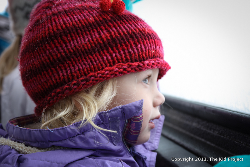 Toddler looking out window of tram