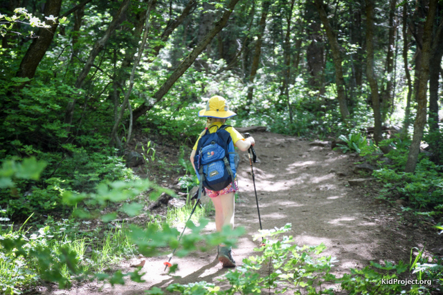 Girl hiking through forest, Grandeur Peak, UT