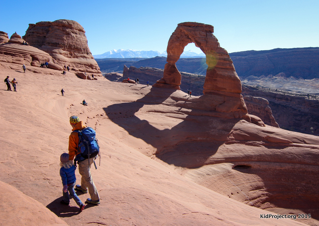 Arriving at Delicate Arch, hiking with kids