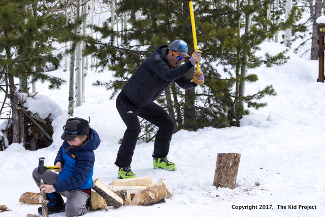 chopping wood, kids, yurt